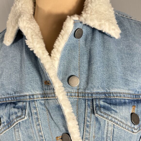 Asos Sz 2 Oversized Sherpa Neckline Faux Fur Trucker Jean Borg Denim Jacket - Picture 6 of 13